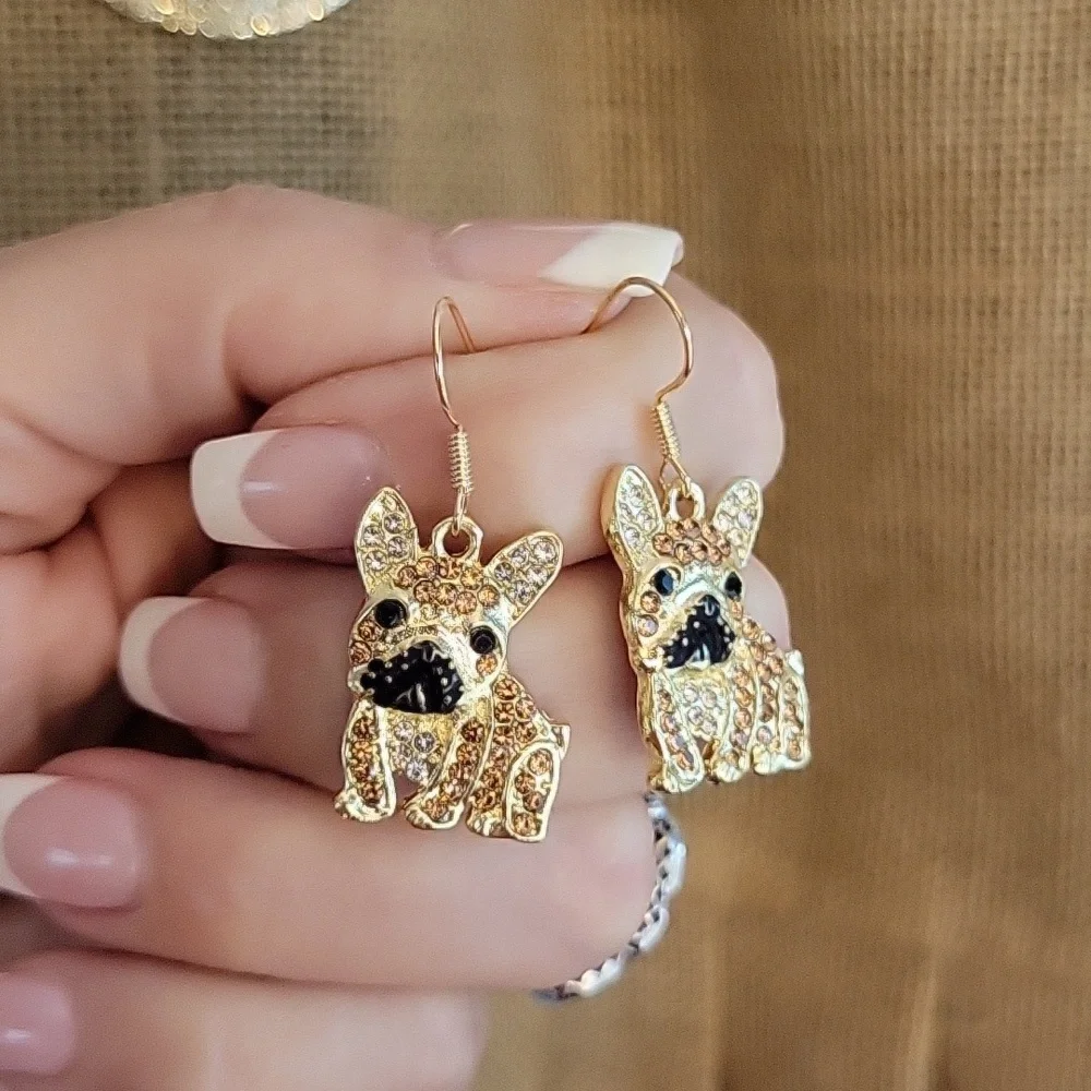 🔥LAST PAIR🔥 FRENCH BULLDOG SPARKLE DROP EARRINGS - Picture 1 of 6